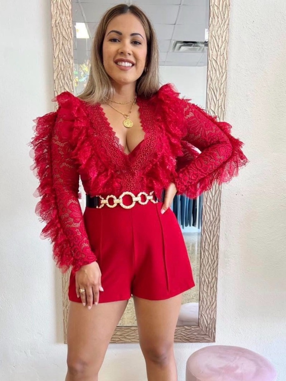 Red Lace Ruffle V-Neck Romper